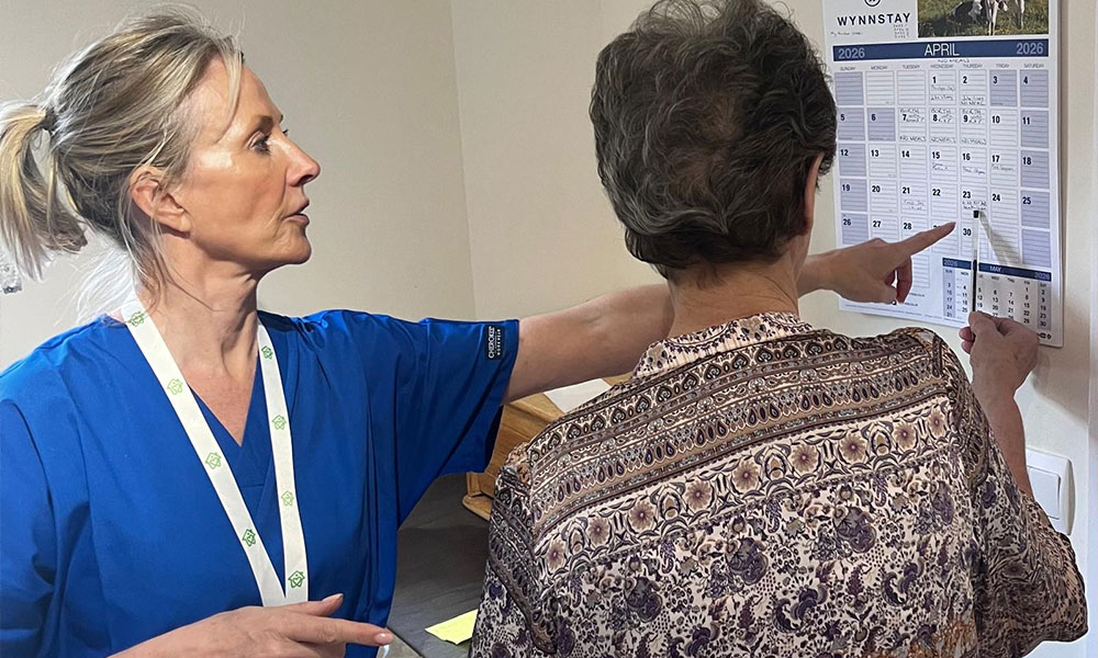 Two women looking at dates on a wall calendar